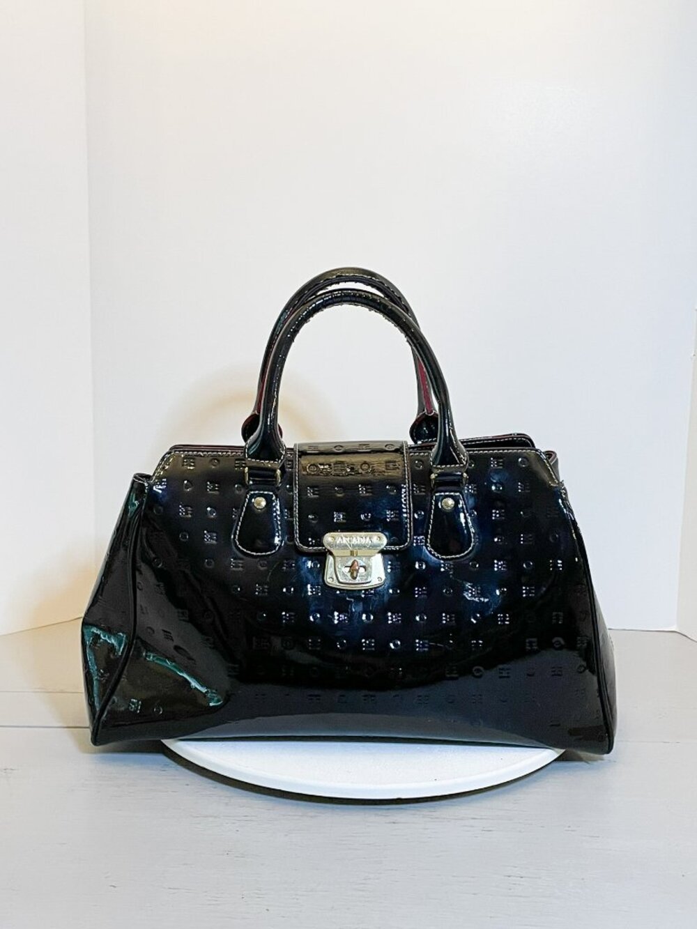 Arcadia Black Patent Leather Embossed Satchel Handbag Gold Hardware